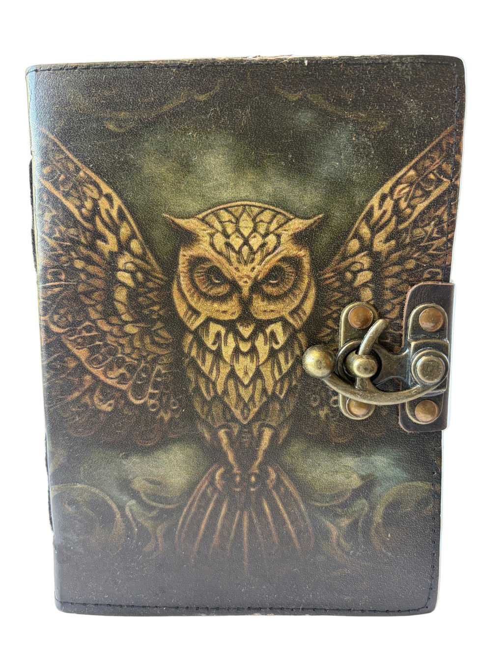 Leather Journal with a printed owl with wings open wide and a brass clasp