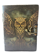 Leather Journal with a printed owl with wings open wide and a brass clasp