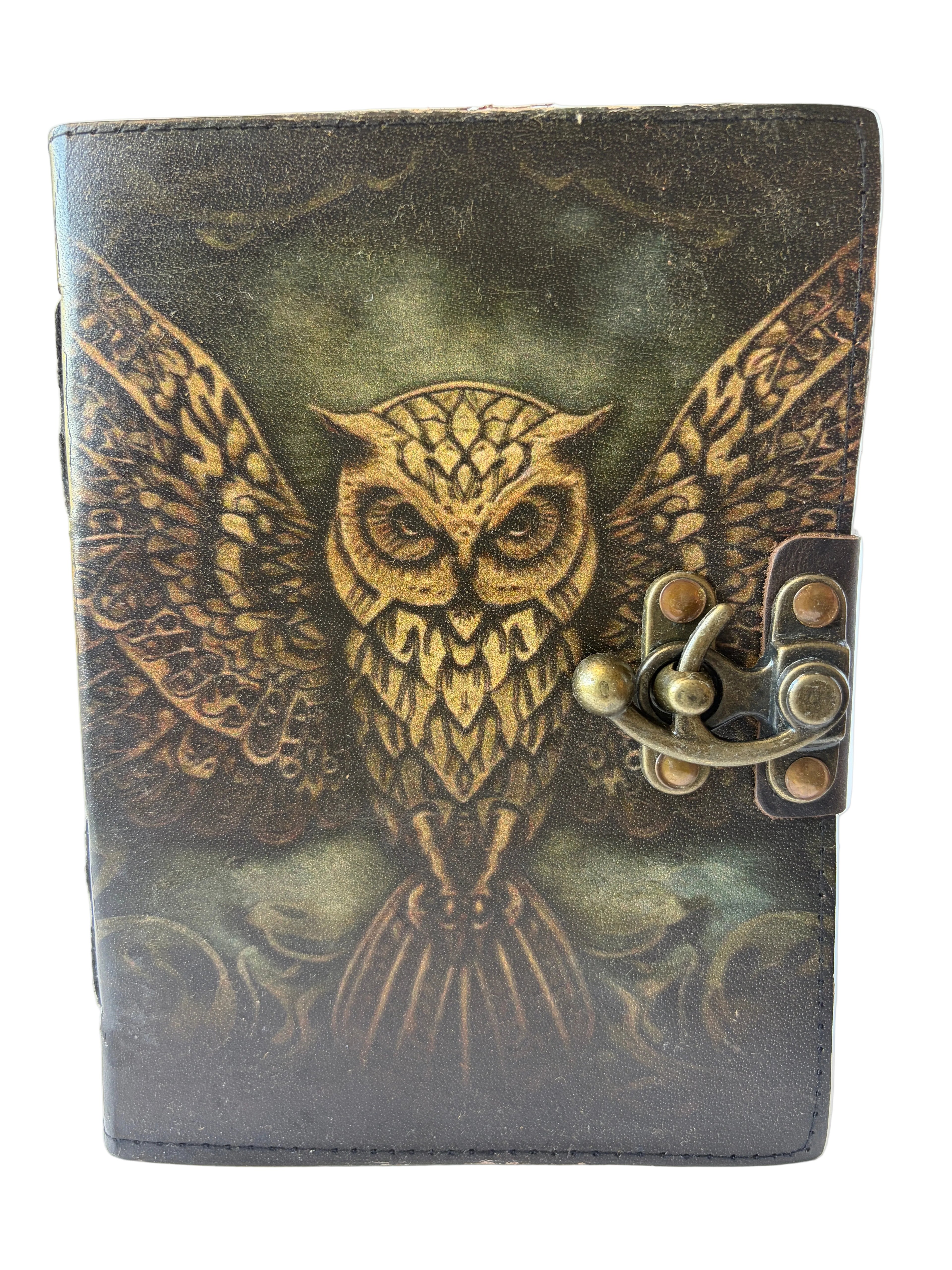 Leather Journal with a printed owl with wings open wide and a brass clasp